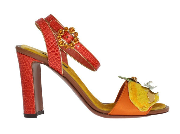 Orange Floral Crystal Leather Sandals