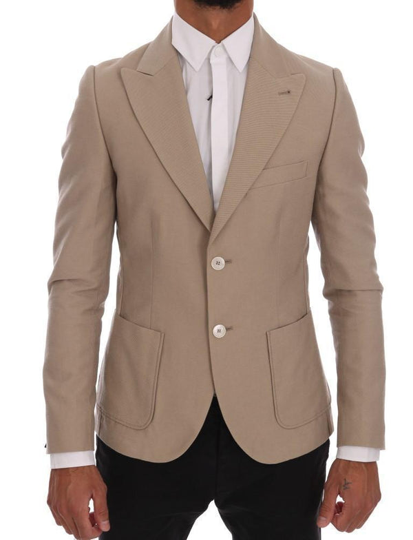 Beige Cotton Slim Fit Blazer Jacket