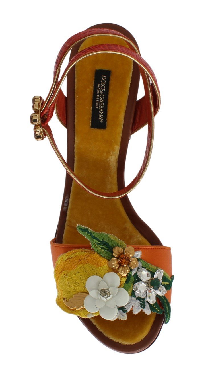Orange Floral Crystal Leather Sandals