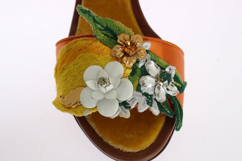 Orange Floral Crystal Leather Sandals
