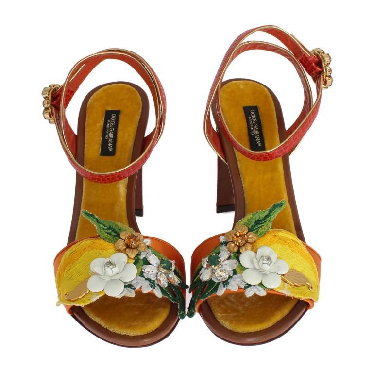 Orange Floral Crystal Leather Sandals