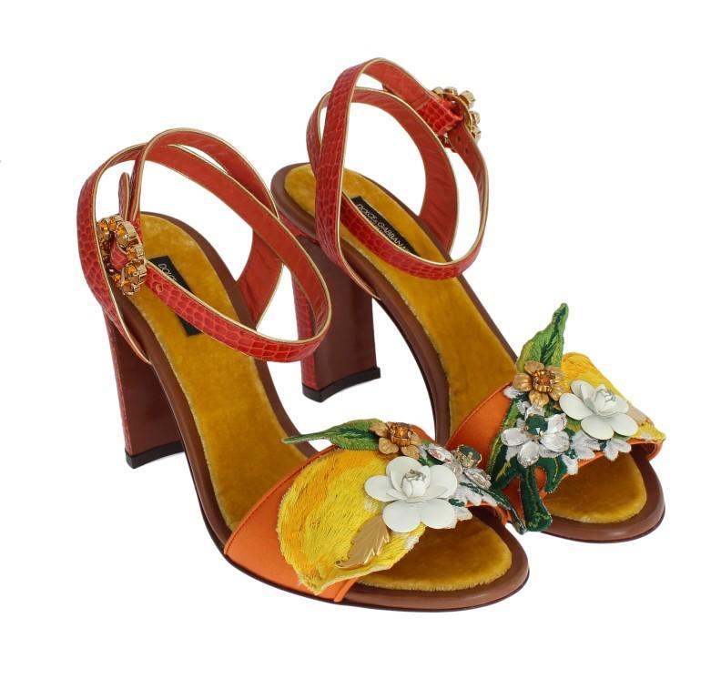 Orange Floral Crystal Leather Sandals