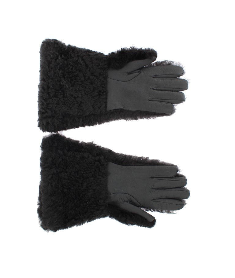 Gray Leather Shearling Fur Gloves
