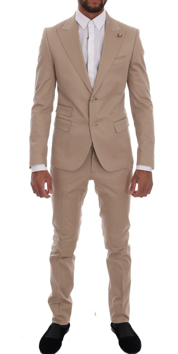 Beige Cotton Stretch Slim Fit Suit