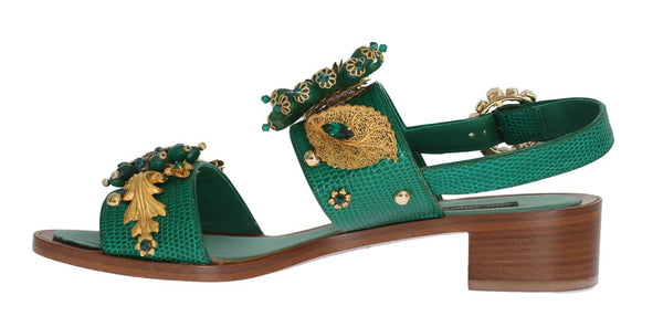 Green Leather Crystal Sandal Shoes