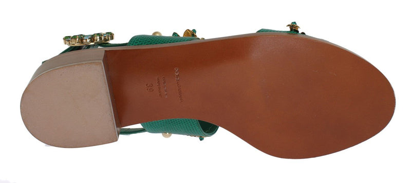 Green Leather Crystal Sandal Shoes