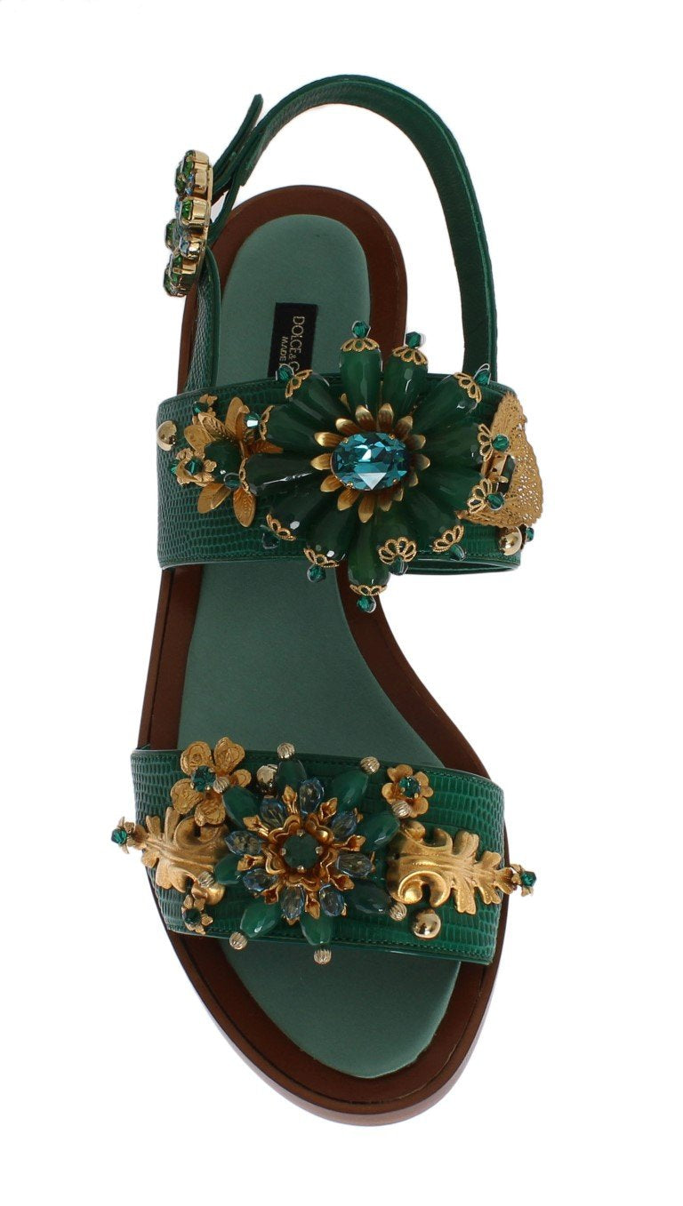 Green Leather Crystal Sandal Shoes