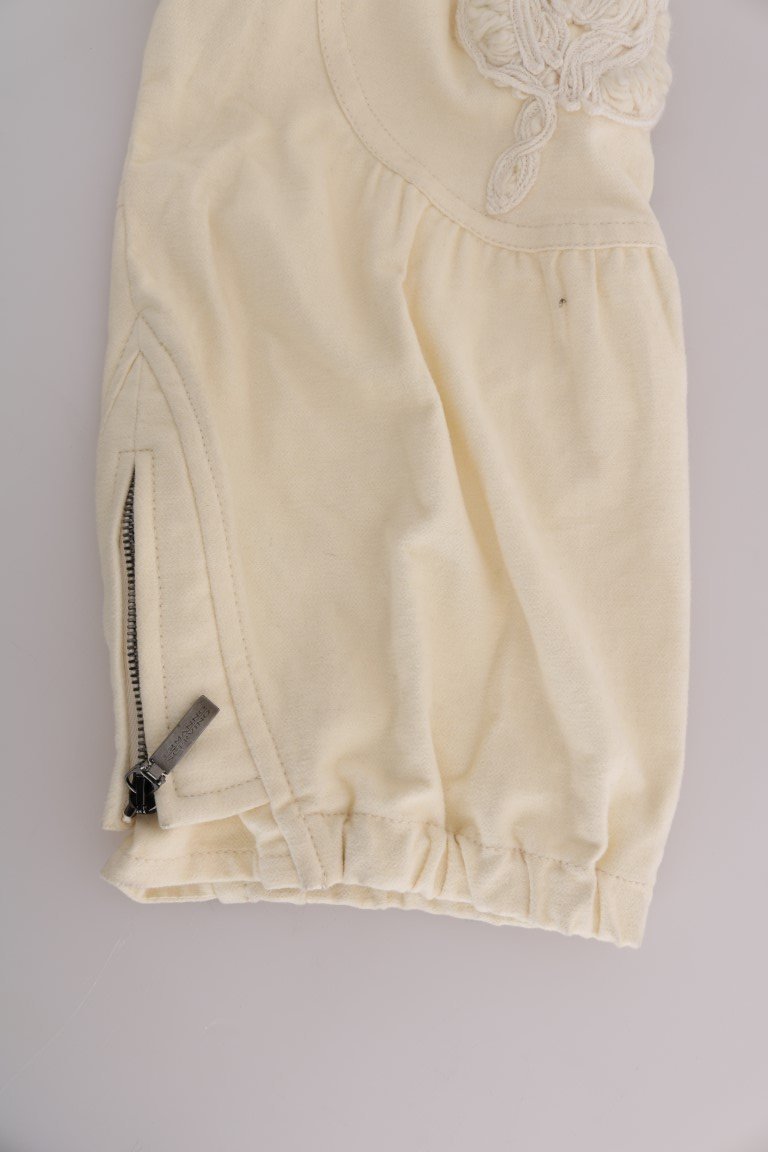 Beige Cotton Lace Applique Capri Pants