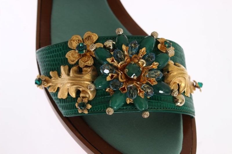 Green Leather Crystal Sandal Shoes