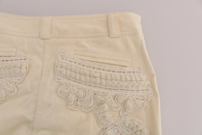 Beige Cotton Lace Applique Capri Pants