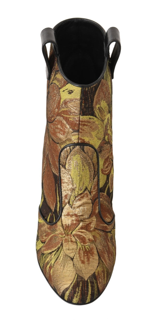 Gold Brown Jacquard Floral Boots