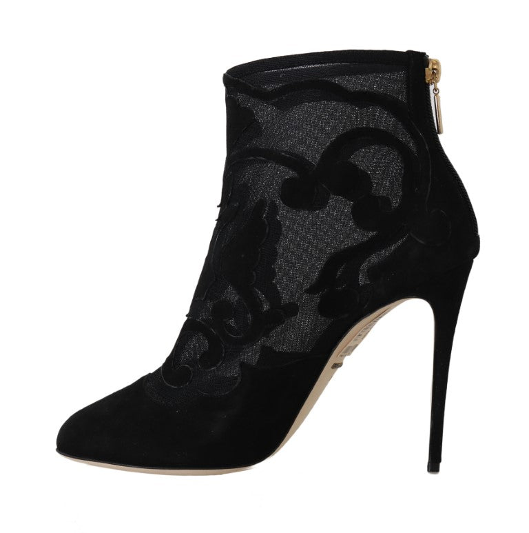 Black Suede Tulle Floral Ankle Boots