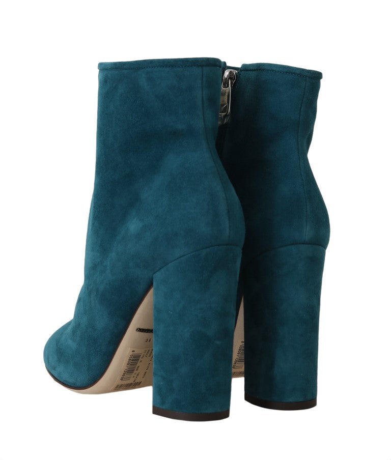 Blue Suede Leather Heels Ankle Boots