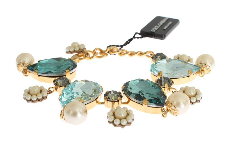 Gold Blue Crystal Pearl Chain Statement Bracelet