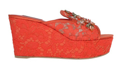 Red Lace Crystal Mules Wedge Sandal Shoes