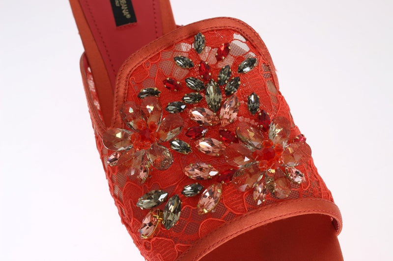 Red Lace Crystal Mules Wedge Sandal Shoes