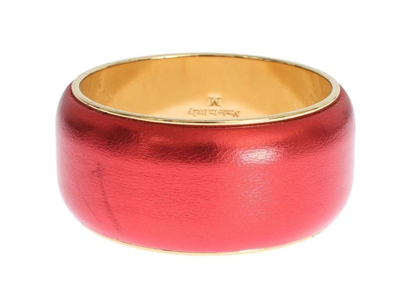 Red Leather Gold Brass Bangle Bracelet