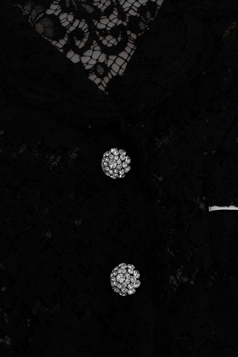 Black Crystal Button Floral Lace Shirt