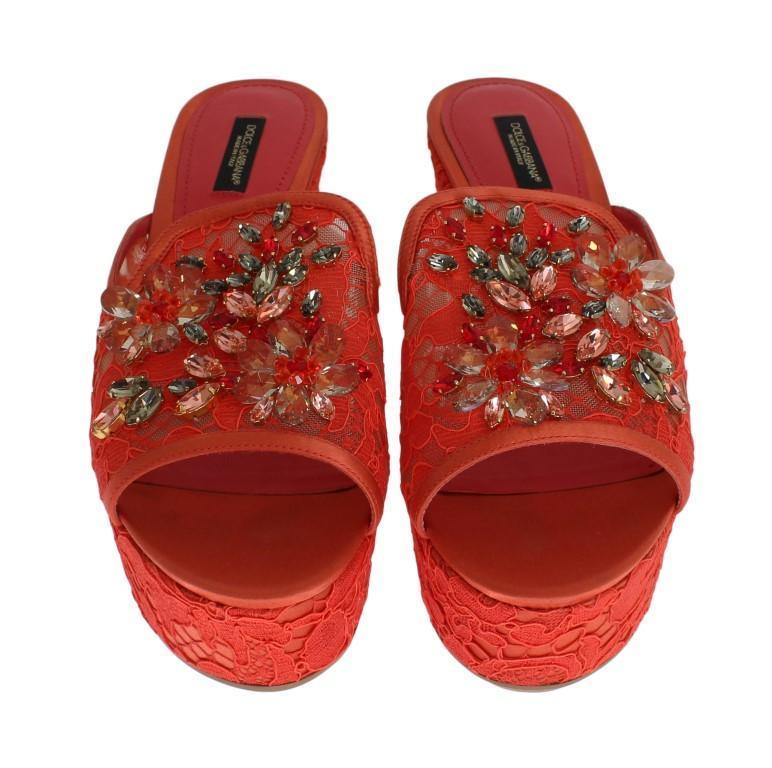 Red Lace Crystal Mules Wedge Sandal Shoes