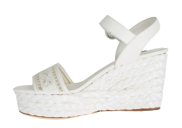 White Leather Cutout Wedges Sandals