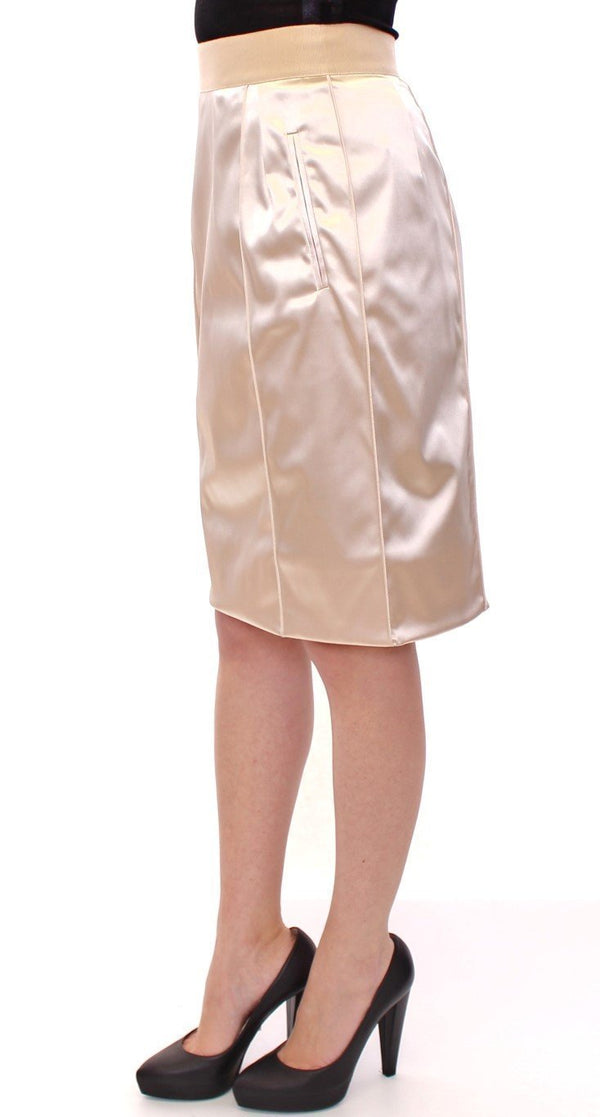 Beige Silk Knee Length Pencil Skirt