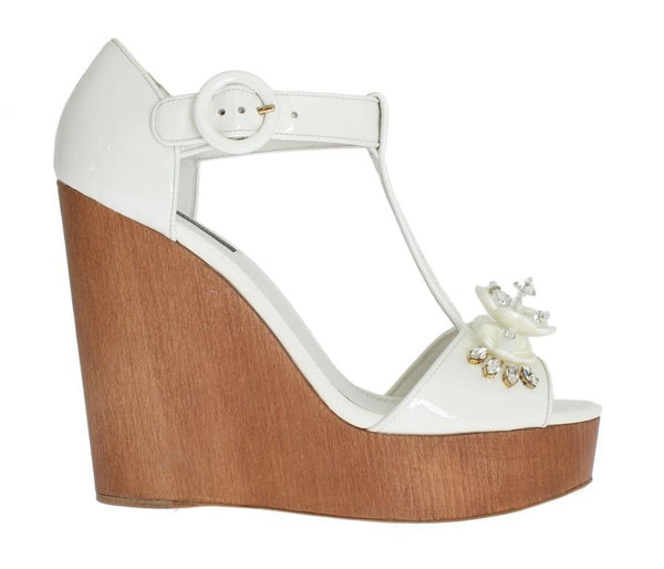 White Leather Crystal Wedges Sandals