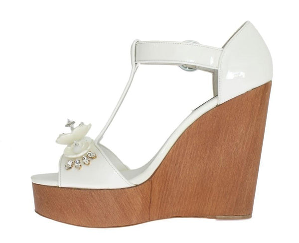 White Leather Crystal Wedges Sandals