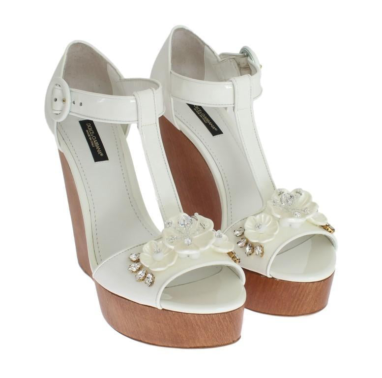 White Leather Crystal Wedges Sandals