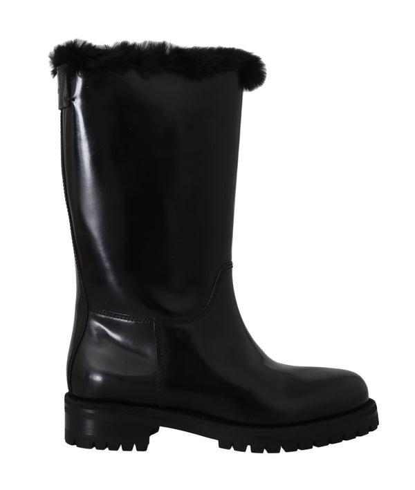 Black Leather Lapin Fur Boots