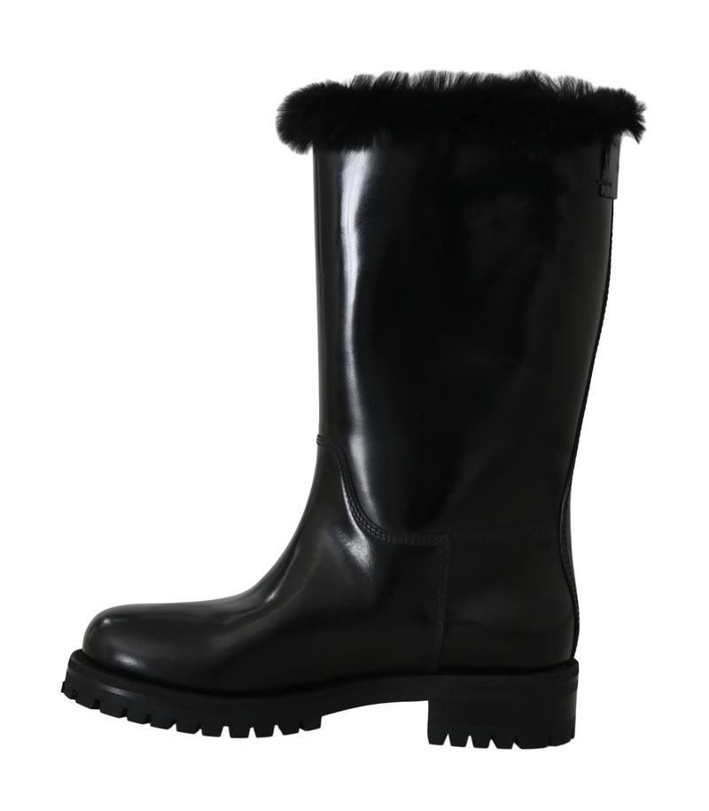Black Leather Lapin Fur Boots