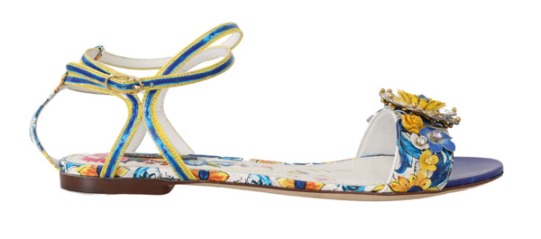 Majolica Crystal Leather Ankle Strap Flat Sandals