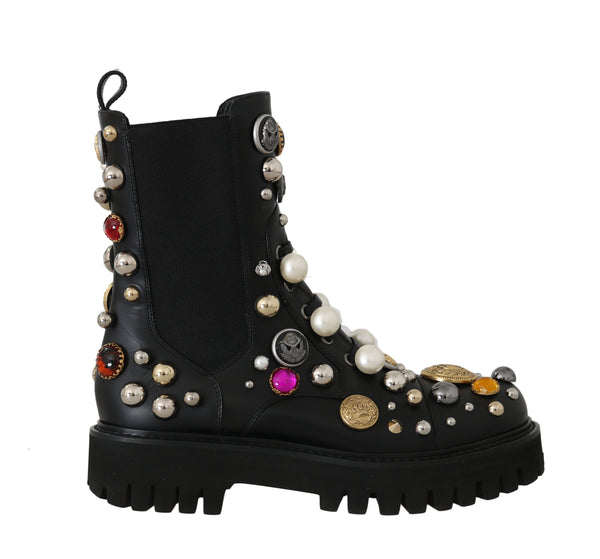 Black Leather Pearl Studded Boots