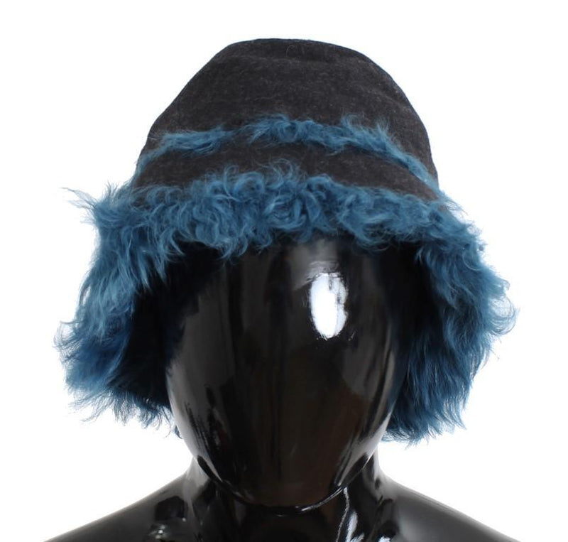 Gray Wool Blue Shearling Cloche Hat