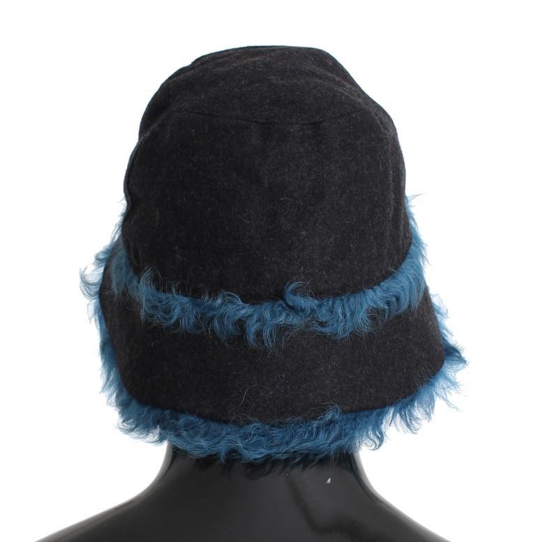 Gray Wool Blue Shearling Cloche Hat