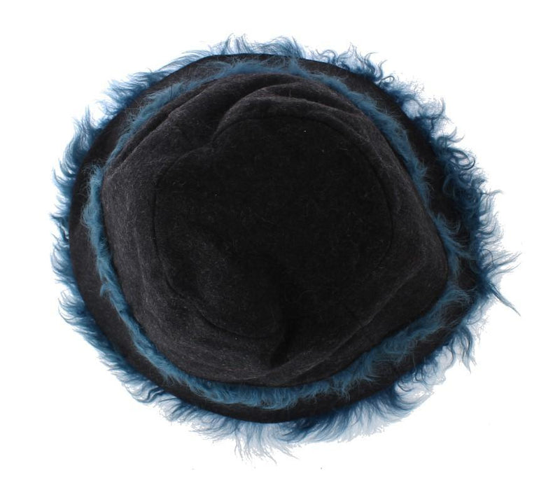 Gray Wool Blue Shearling Cloche Hat