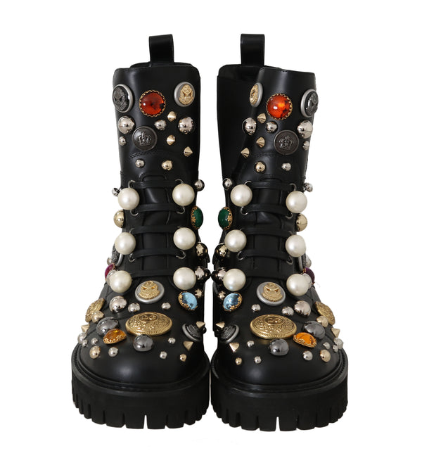 Black Leather Pearl Studded Boots
