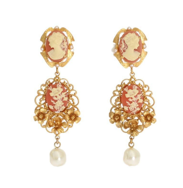 Gold CAMMEO Resin Floral Dangling Clip On Earrings