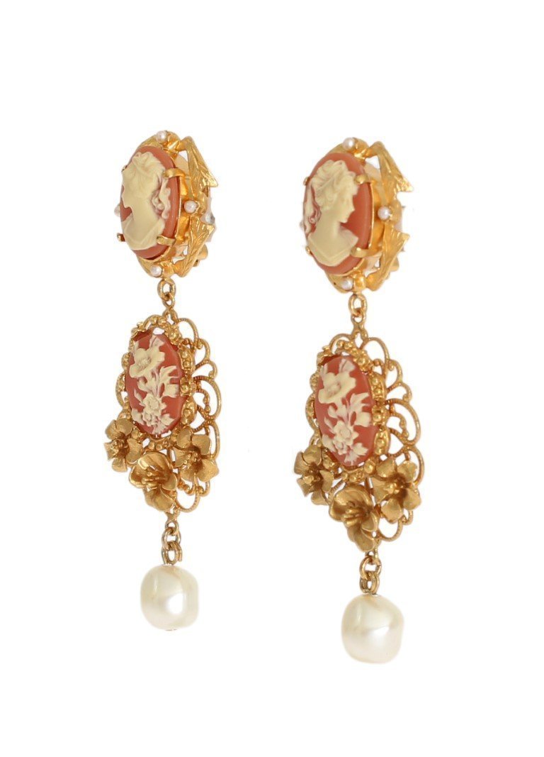 Gold CAMMEO Resin Floral Dangling Clip On Earrings