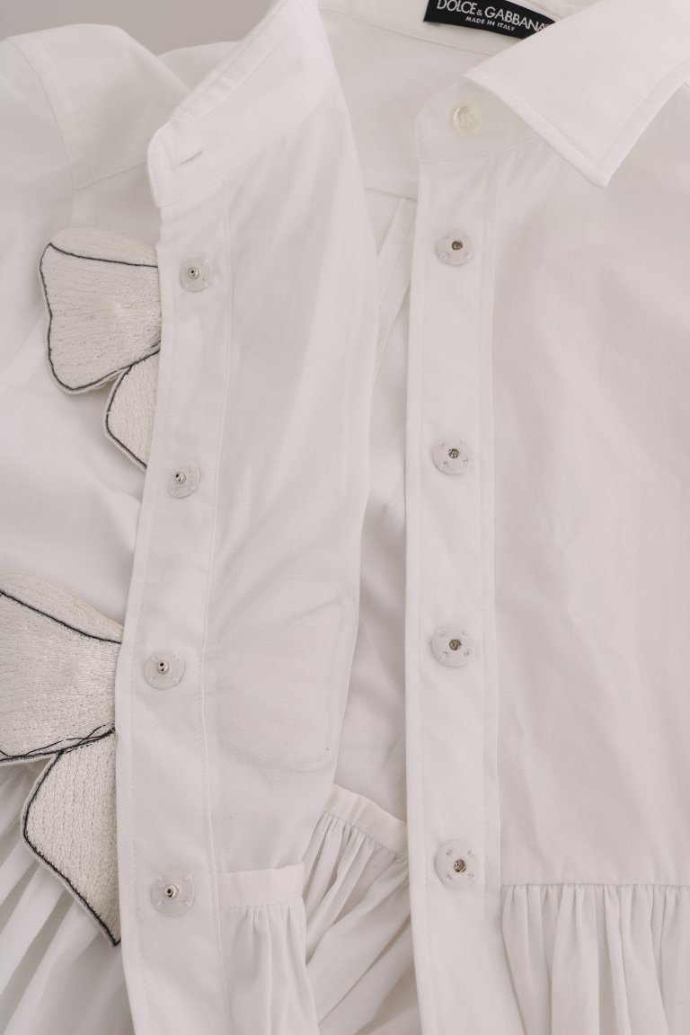 White Beaded Bow Cotton Shirt Dress