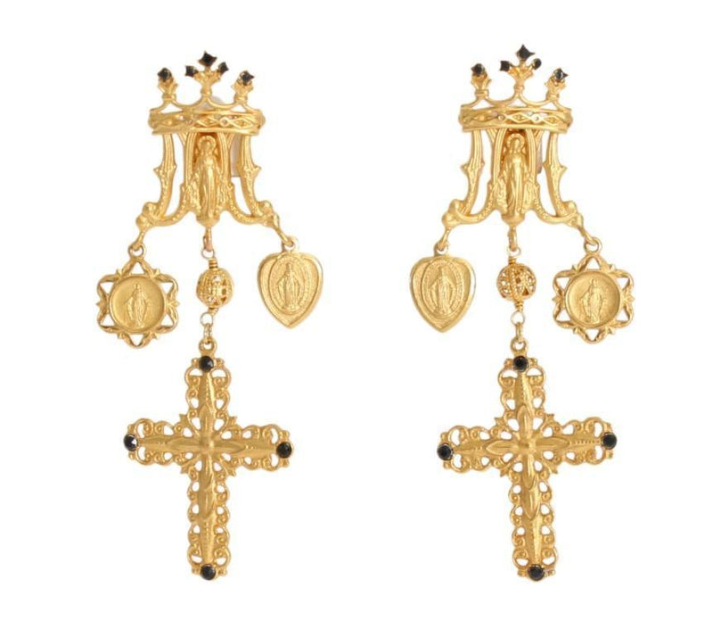 Gold Black Crystal Cross Earrings