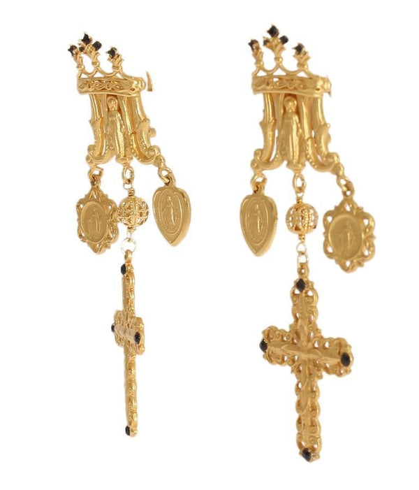 Gold Black Crystal Cross Earrings