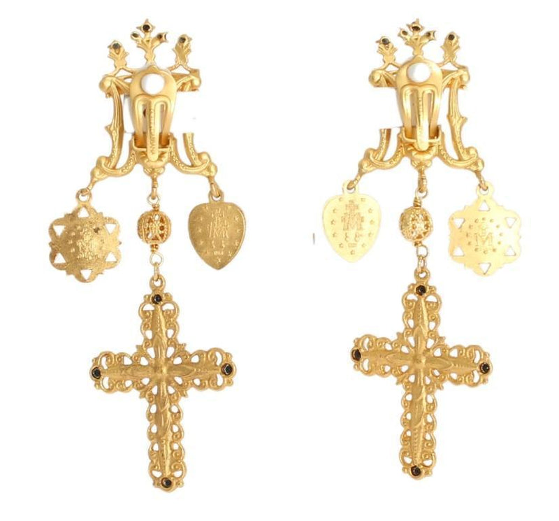 Gold Black Crystal Cross Earrings