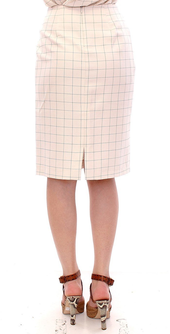 White Cotton Checkered Pencil Skirt