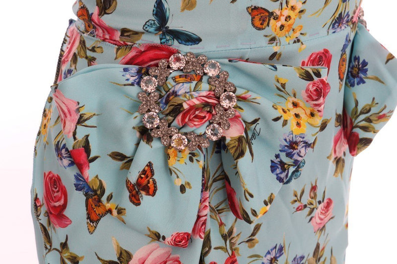 Blue Floral Butterfly Print Crystal Dress