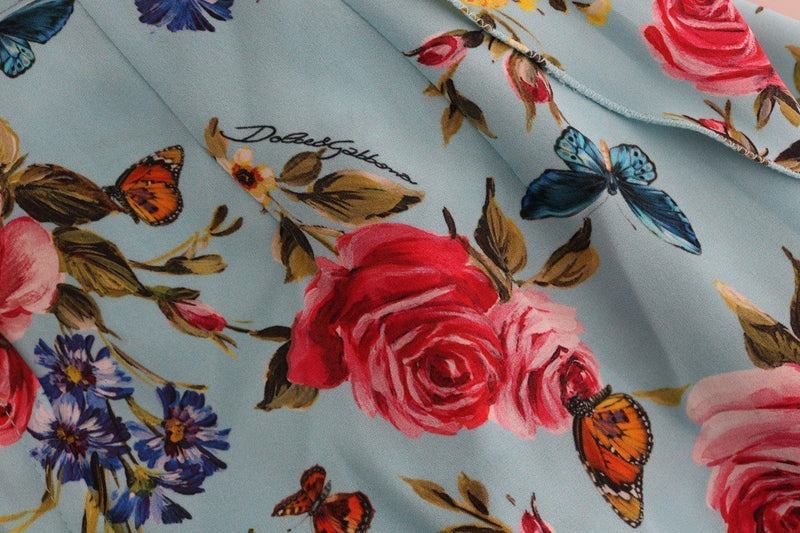 Blue Floral Butterfly Print Crystal Dress