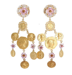 Gold Brass Floral Coins Dangling Clip On Earrings