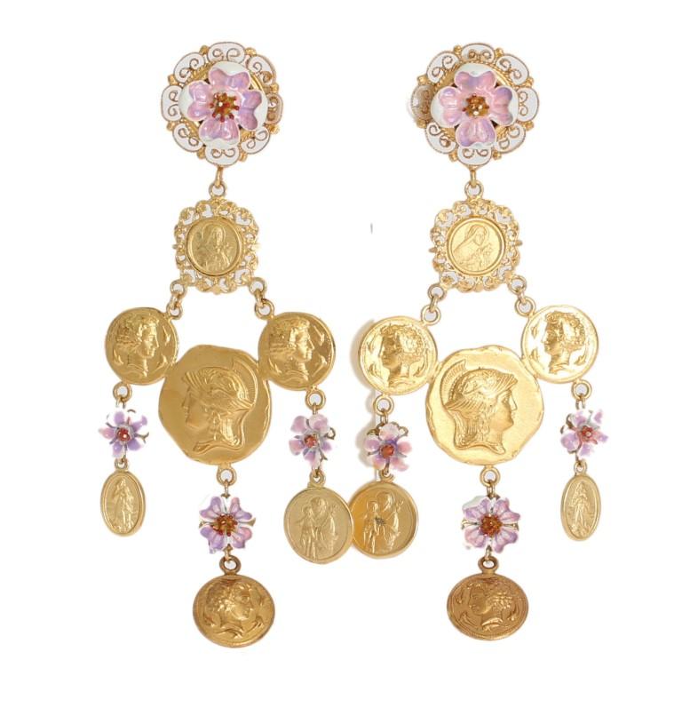 Gold Brass Floral Coins Dangling Clip On Earrings