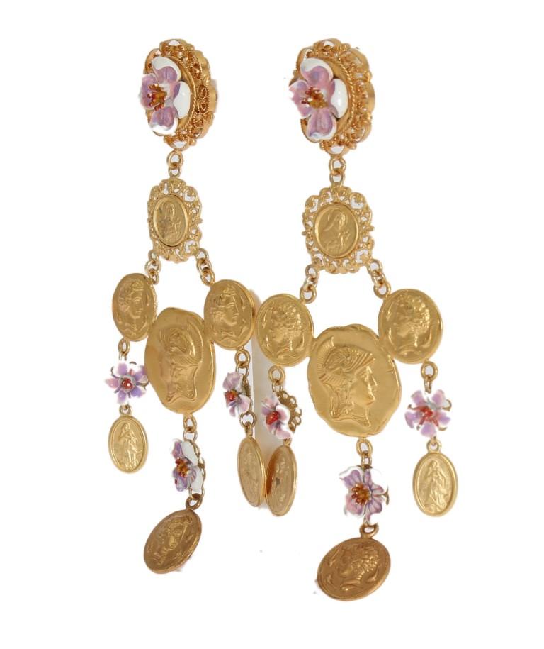 Gold Brass Floral Coins Dangling Clip On Earrings