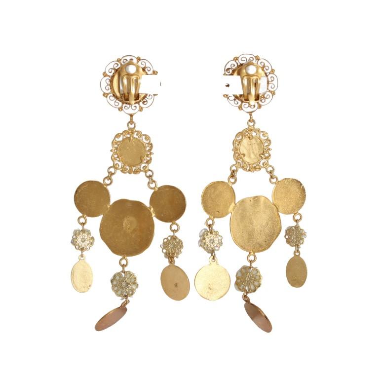 Gold Brass Floral Coins Dangling Clip On Earrings