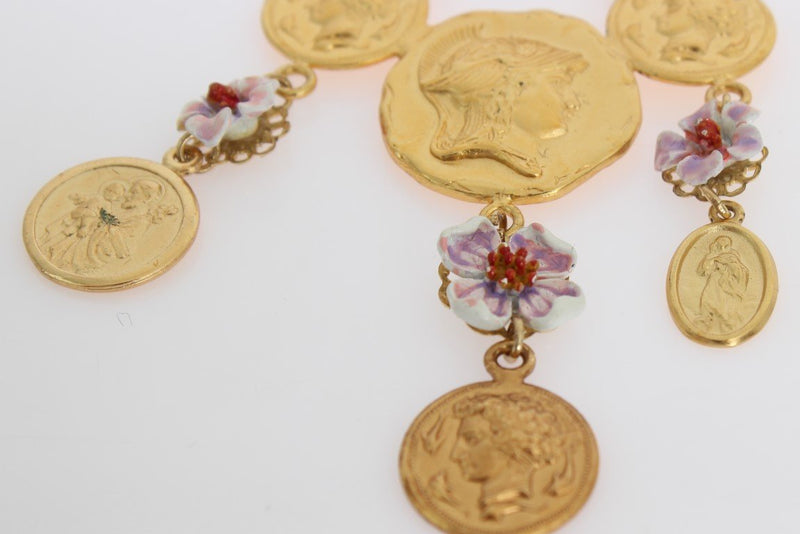 Gold Brass Floral Coins Dangling Clip On Earrings